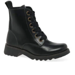 FLY London Ankle Boot Ragi BLACK Soft Leather Military Style Lace Boot