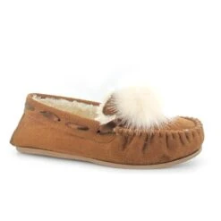 Ella Paula Chestnut Luxury Moccasin Fur Pom Pom Slippers