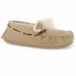 Ella Paula BEIGE Luxury Moccasin Fur Pom Pom Slippers