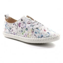 Lunar Plimsoll Style Exbury WHITE Floral Leather FLG015WT