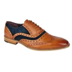 Mens Roamers M001 Smart Formal Tan Leather Navy Suede Brogue Oxford Shoes